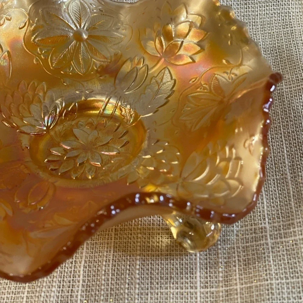 Antique Dugan Marigold Carnival Glass Garden Path Footed Ruffled Bowl